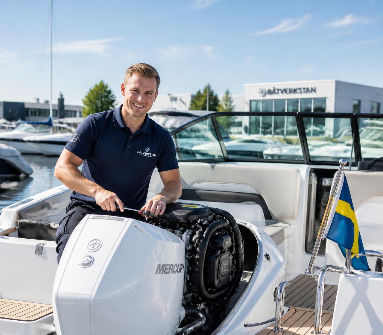 Båtmekaniker som arbetar vid en motorbåt